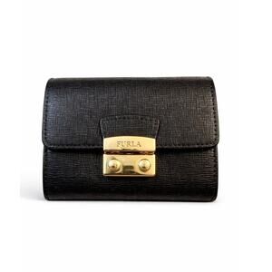 Furla Babylon Black Leather Accordion Card Case Wallet Expandable